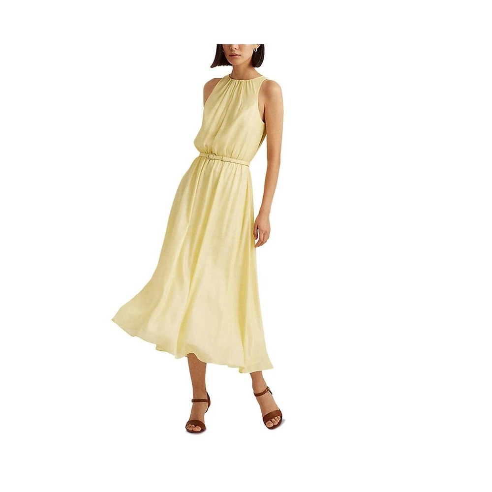 Lauren Ralph Lauren Yellow Bloom Shimmer Sleeveless Belted Midi Dress 16 NEW